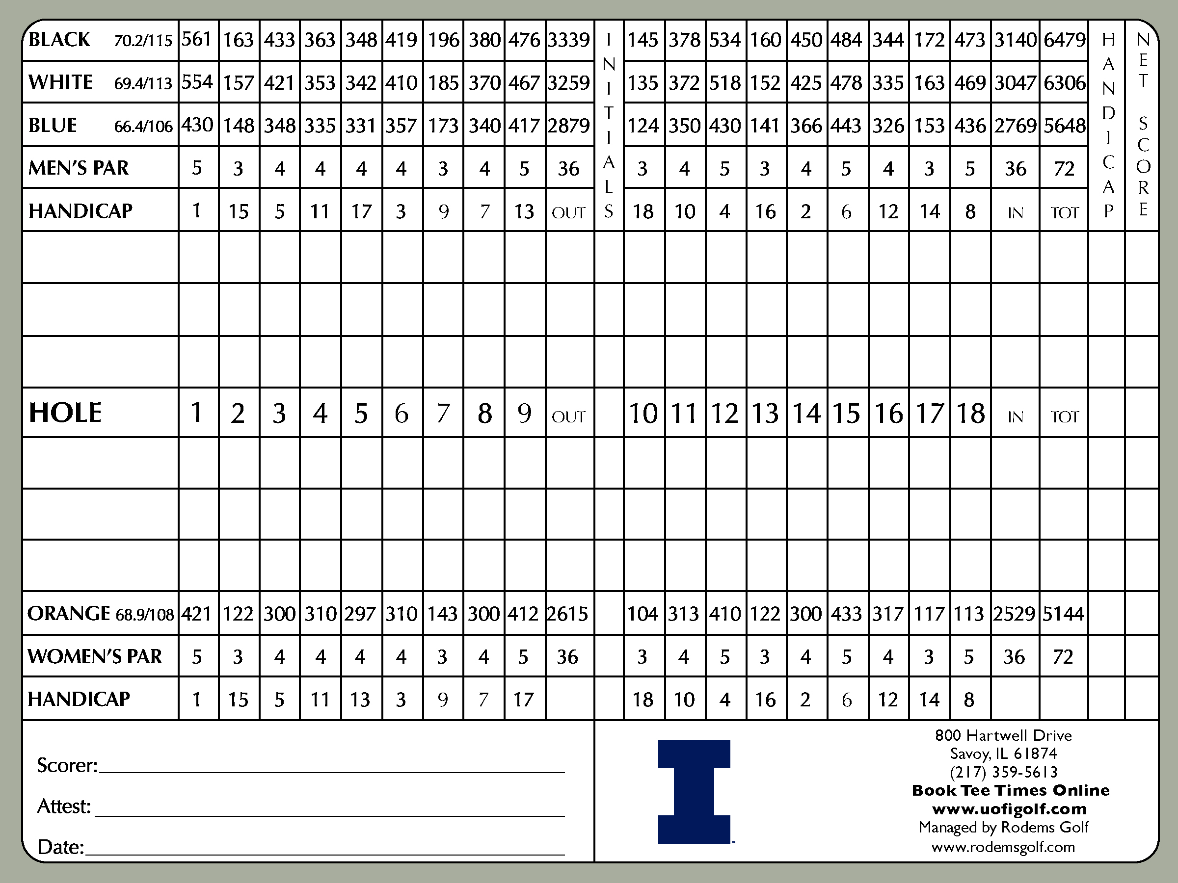 Scorecard Orange & Blue Course University of Illinois Golf Course